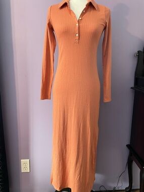 Long Ribbed Polo Maxi Dress in Terracotta